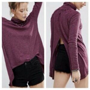 We The Free People Womens Sz S Burgundy Split Back Turtleneck Knit Oversize Top